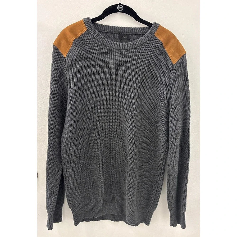 J. Crew Men's Crew Neck Cotton Dark Gray Suede Shoulder Patches Sweater Size L